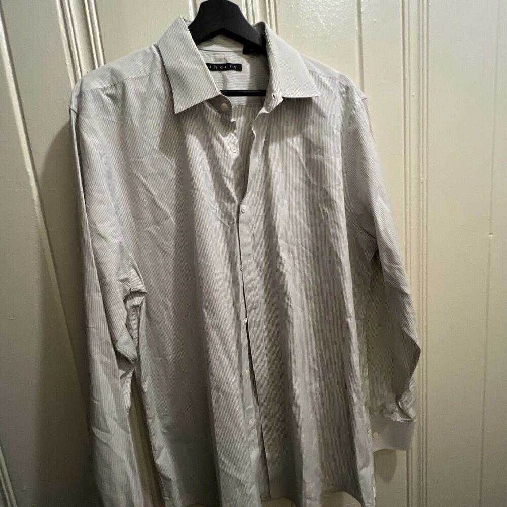 Theory Light Gray Long Sleeve Button Dress Shirt 17.5 34-35 Stripe